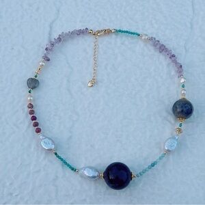 X412 Handmade Freshwater Baroque Pearl Multi Gemstone Necklace